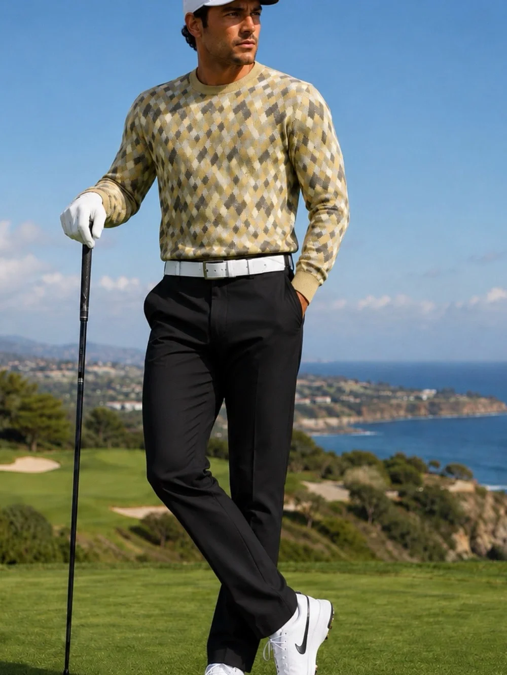 Bobby Jones Yellow and Gray Argyle Crewneck Sweater